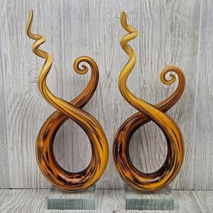 Murano Glassware Set of 2 Amber Brown Swirl Abstract Art Glass Sculptures 12.5"
